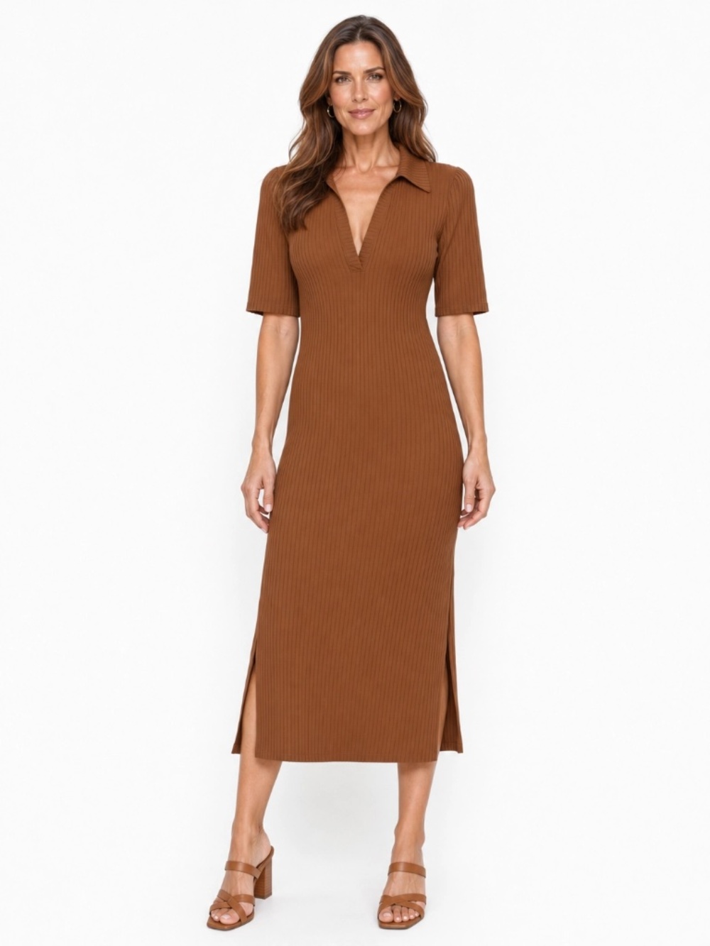 Colleen Lopez Size L Ribbed Midi Dress Camel Brown Side Slits Collared NWOT
